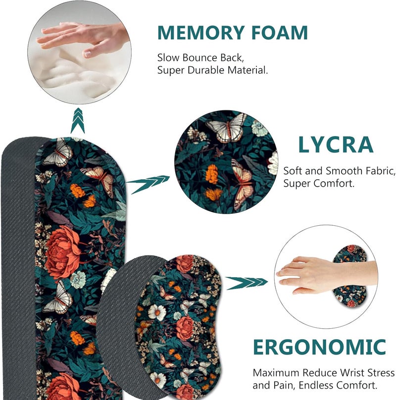 AIMSA XXL Large Gaming Mouse Pad Set with Wrist Rest, Retro Floral Butterfly Pattern, Multicolor, Fabric, Memory Foam, 4 in 1 Combo, Ultra-smooth, Non-slip, Stitched Edges - Image 4